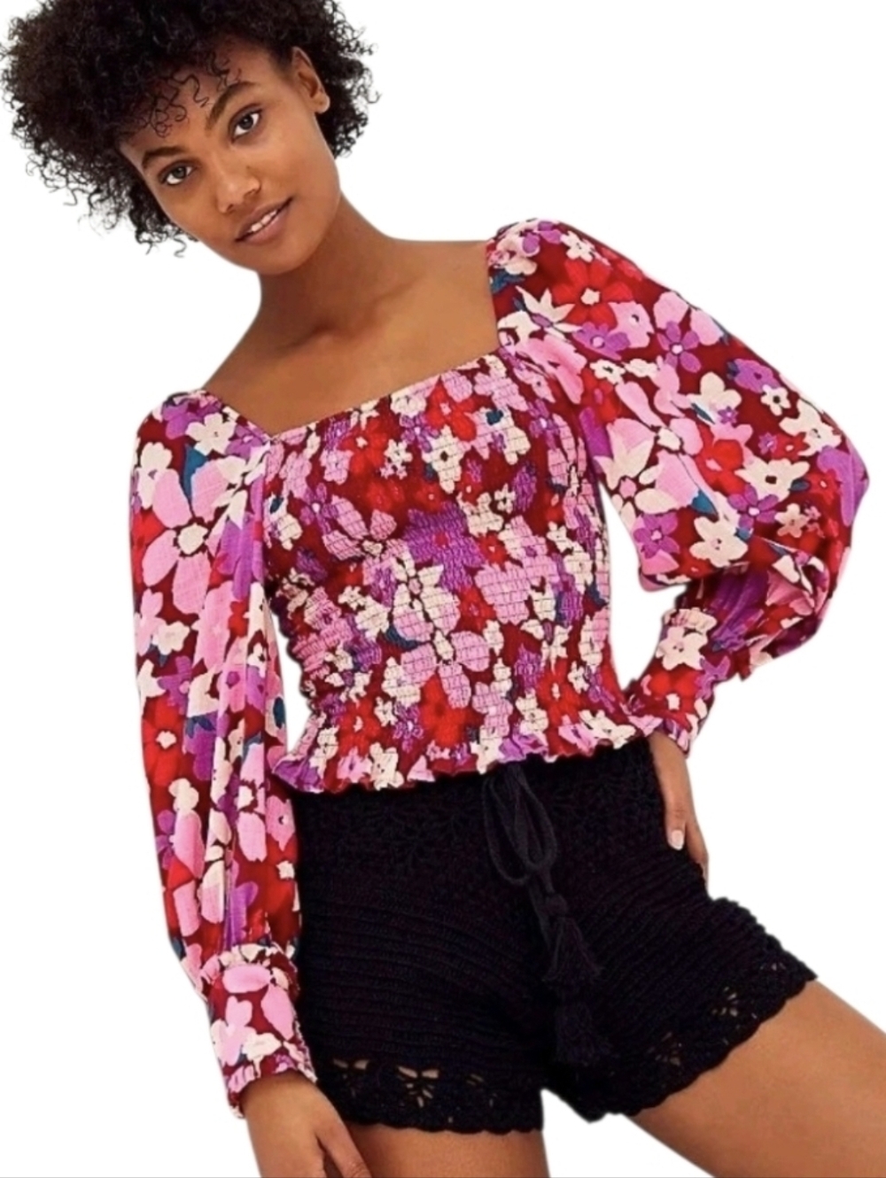 Free People Ariana Pink Floral Print Smocked Puff Long Sleeve Top. Size Small